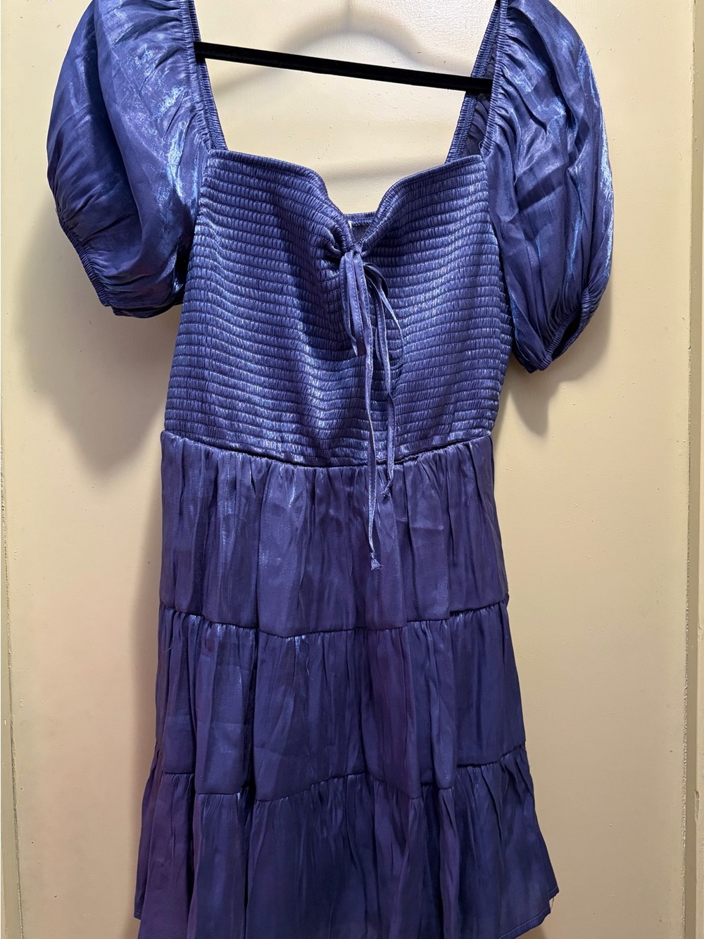 Smocked Puff-Sleeve Tiered Midi Dress in Purple